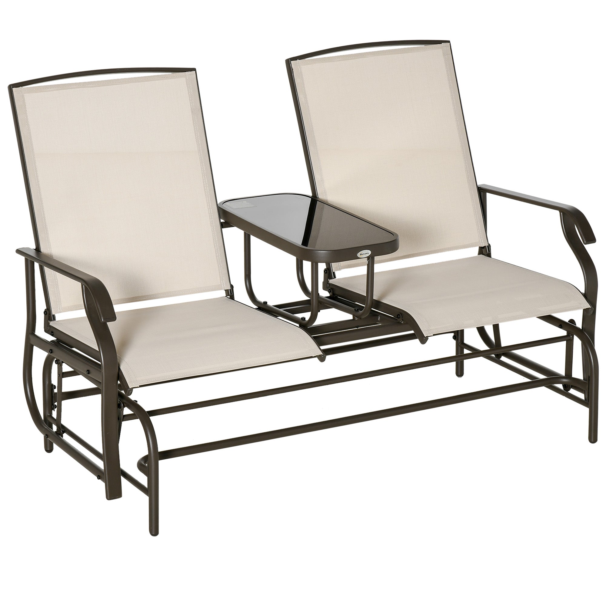 Outsunny 2 Seats Garden Glider Bench, Metal Frame Loveseat with Glass Top Centre Table, Porch Rocking Glider for 2 Person, for Deck, Patio, Brown/ Khaki